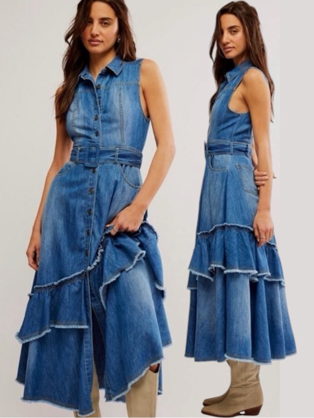 Free People Western Bohemian Ruffle Denim Midi Maxi Dress Belted Cowgirl Small